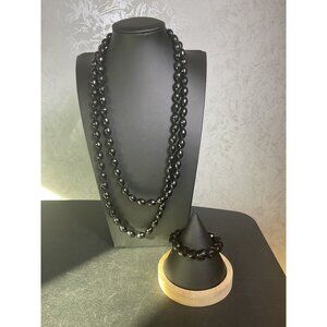 Classic Elegant Edgy Black Faceted Round Bead Opera Length Necklace Bracelet Set